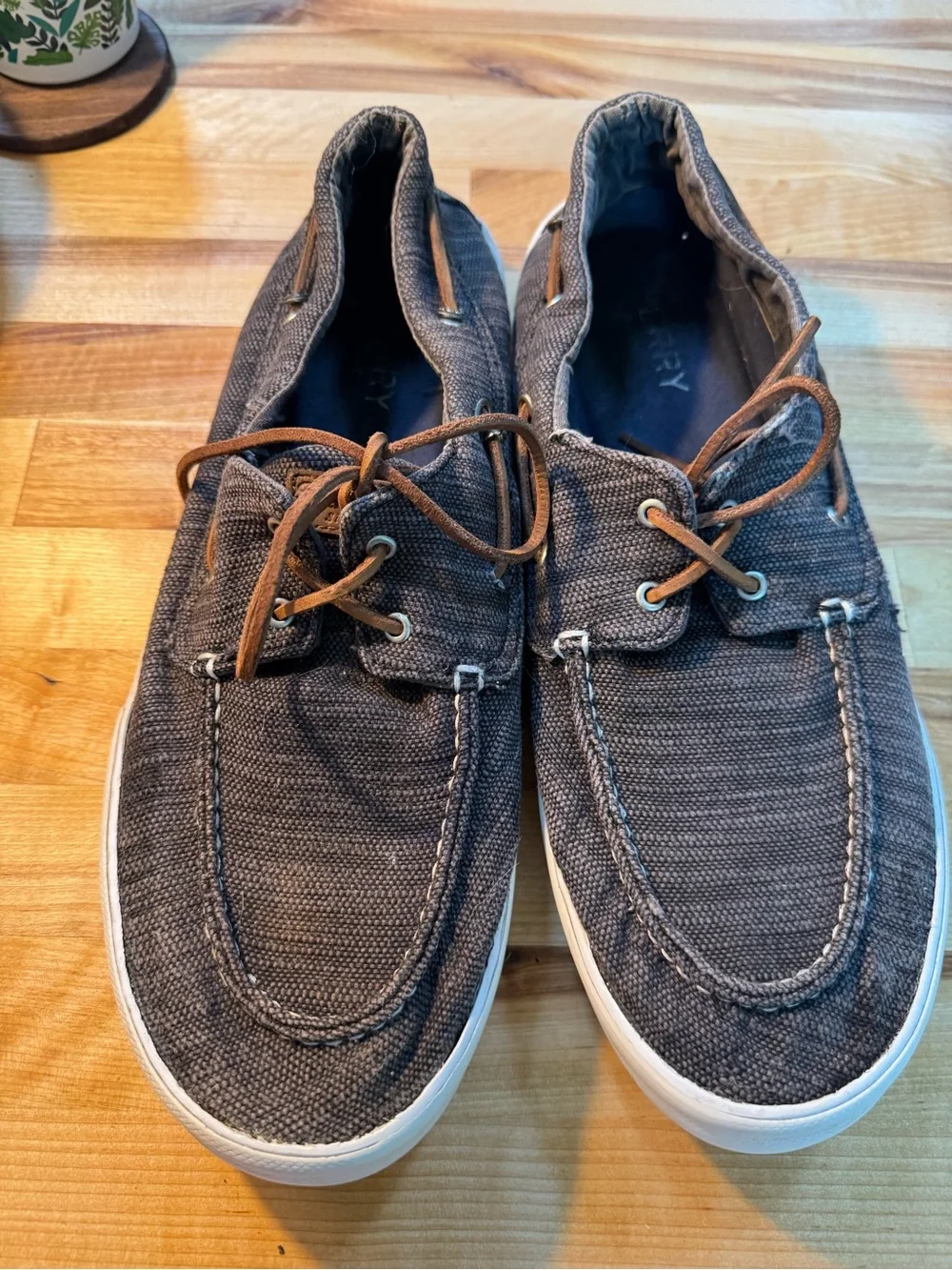 Sperry Gray Canvas Boat Shoes with Brown Laces